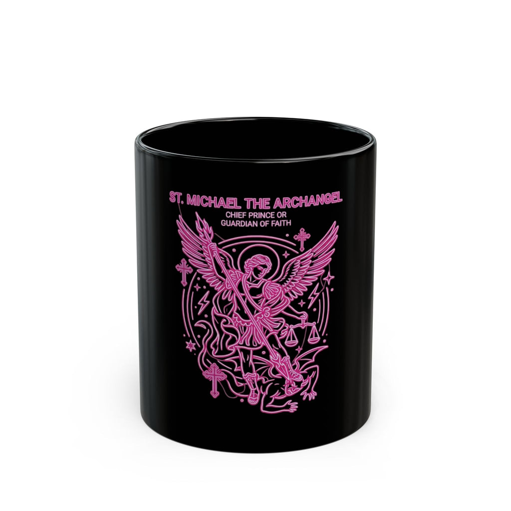 St. Michael Archangel Black Mug — Pink Guardian Angel Coffee Cup (11oz/15oz)