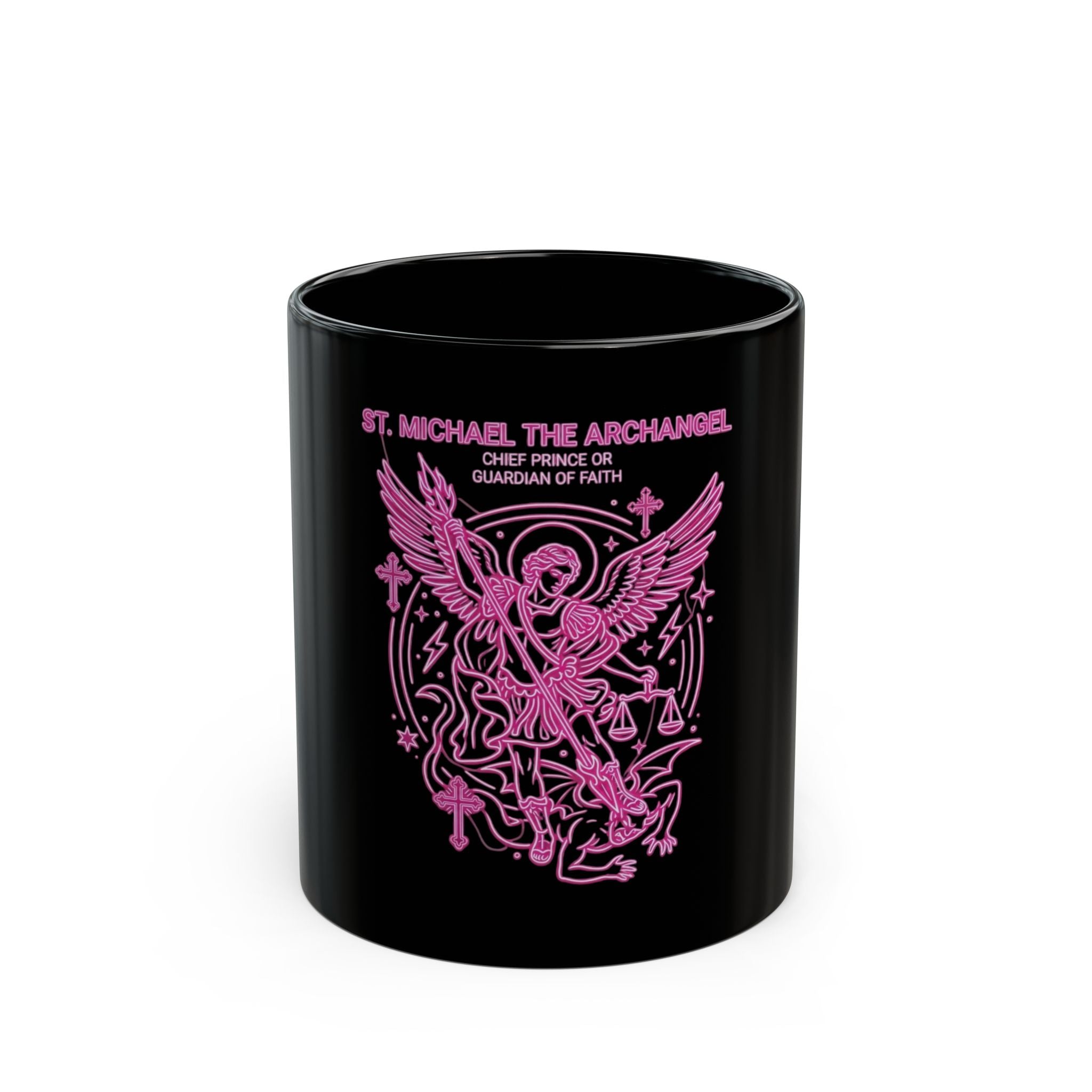 St. Michael Archangel Black Mug — Pink Guardian Angel Coffee Cup (11oz/15oz)